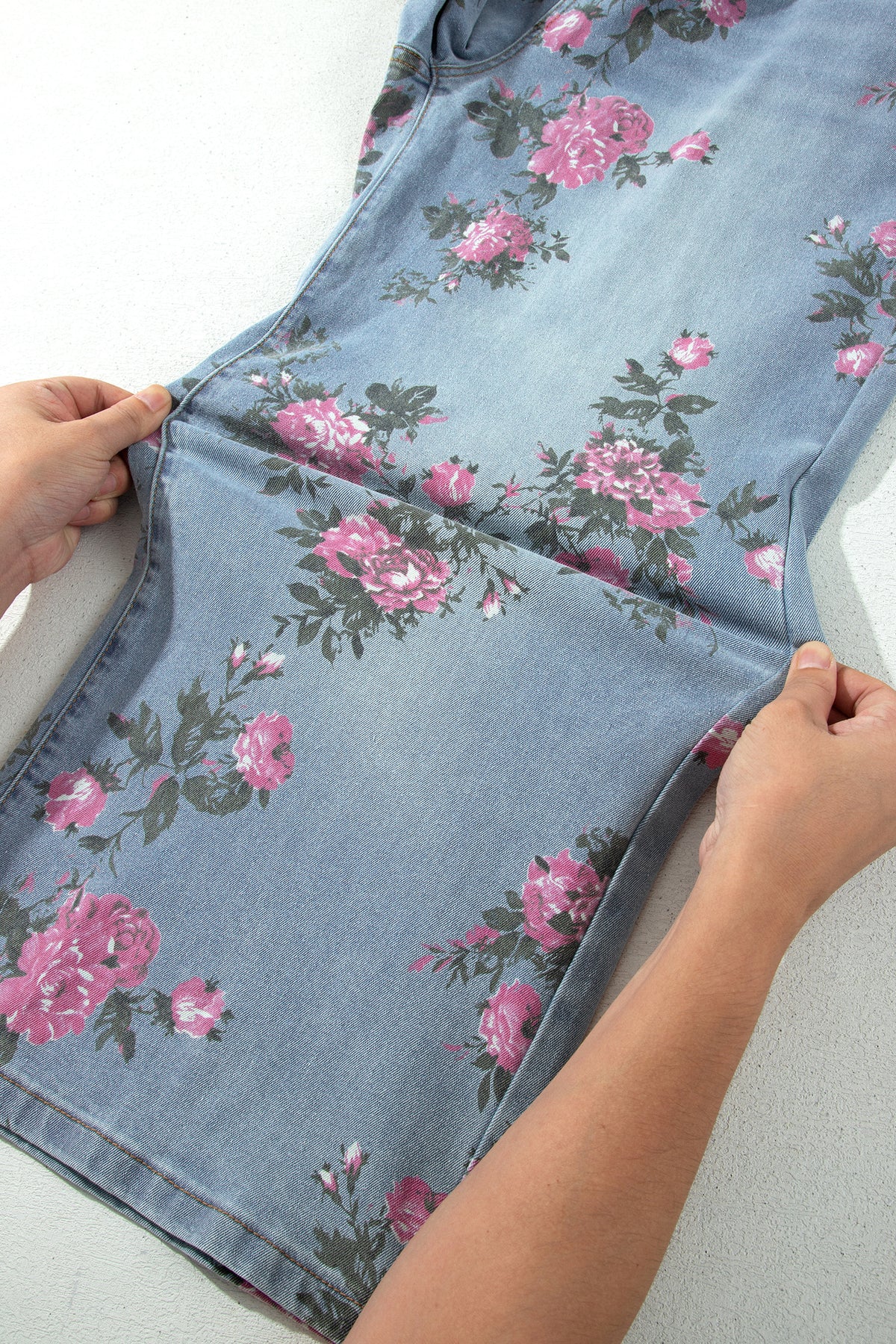 Sky Blue Plus Size Floral Print Loose Jeans
