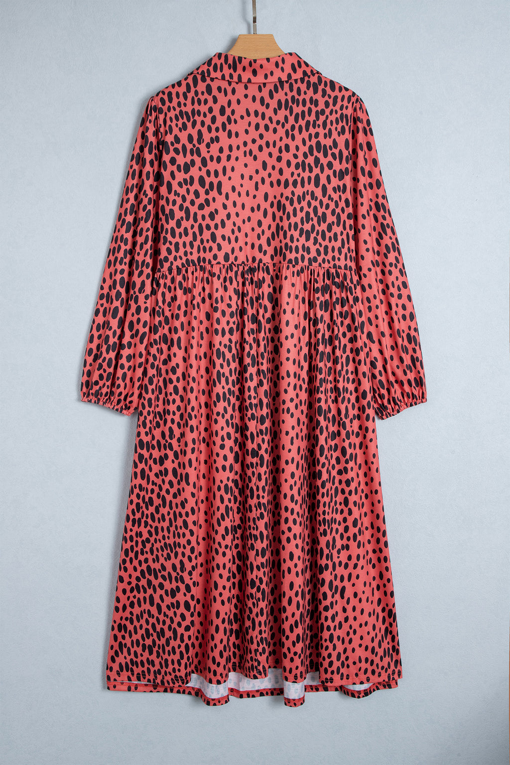Red Leopard Print Long Sleeve V Neck Plus Size Midi Dress