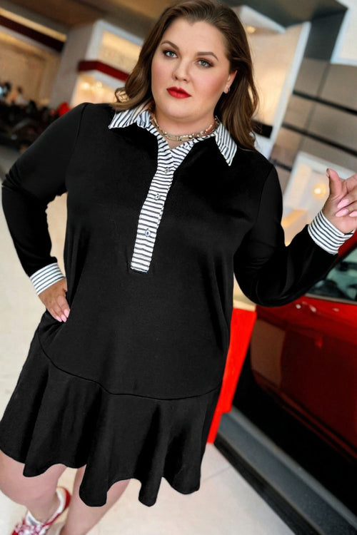 Black Plus Size Striped Long Sleeve Ruffle Hem Dress