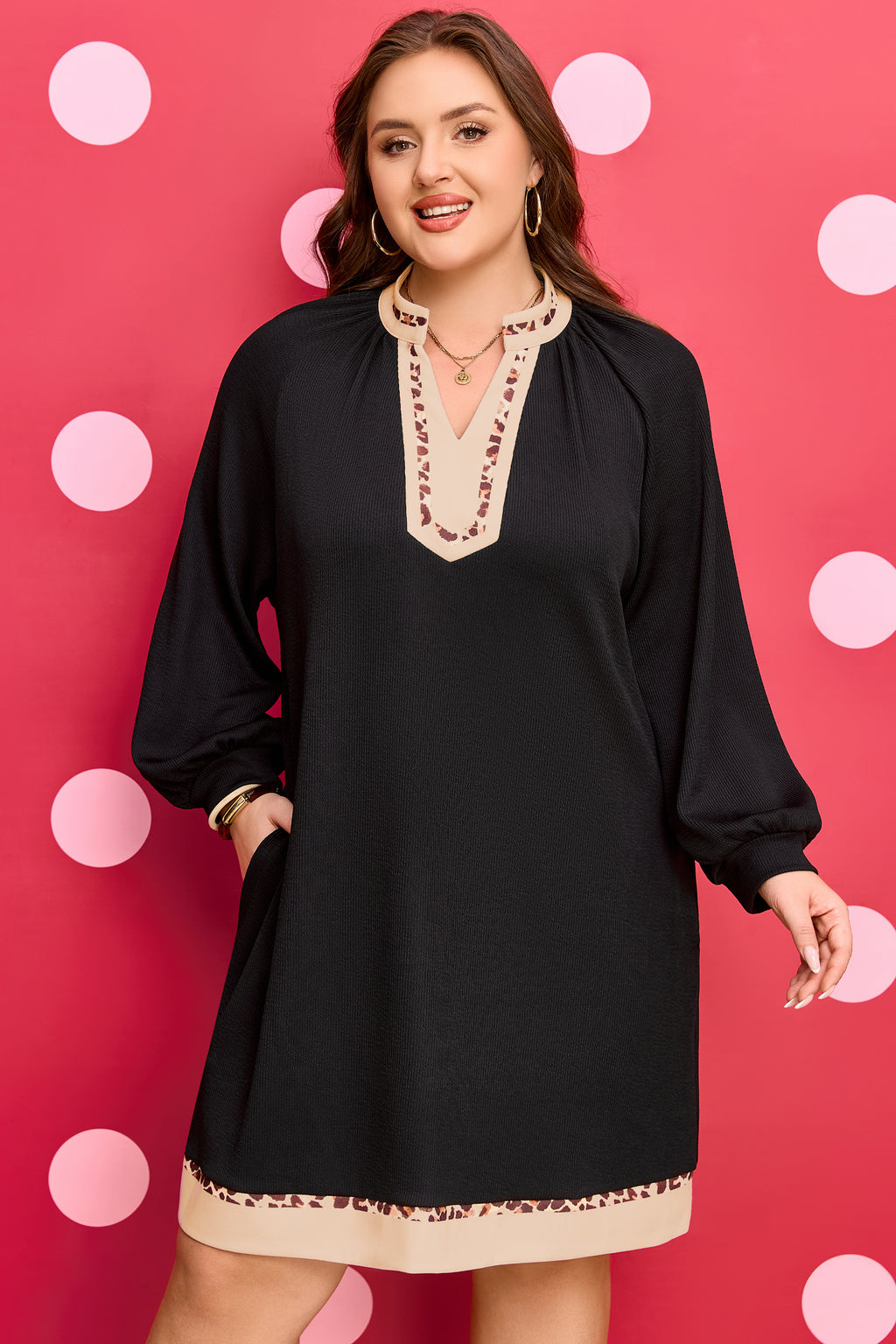 Black Leopard Trim Plus Size Ribbed Dress