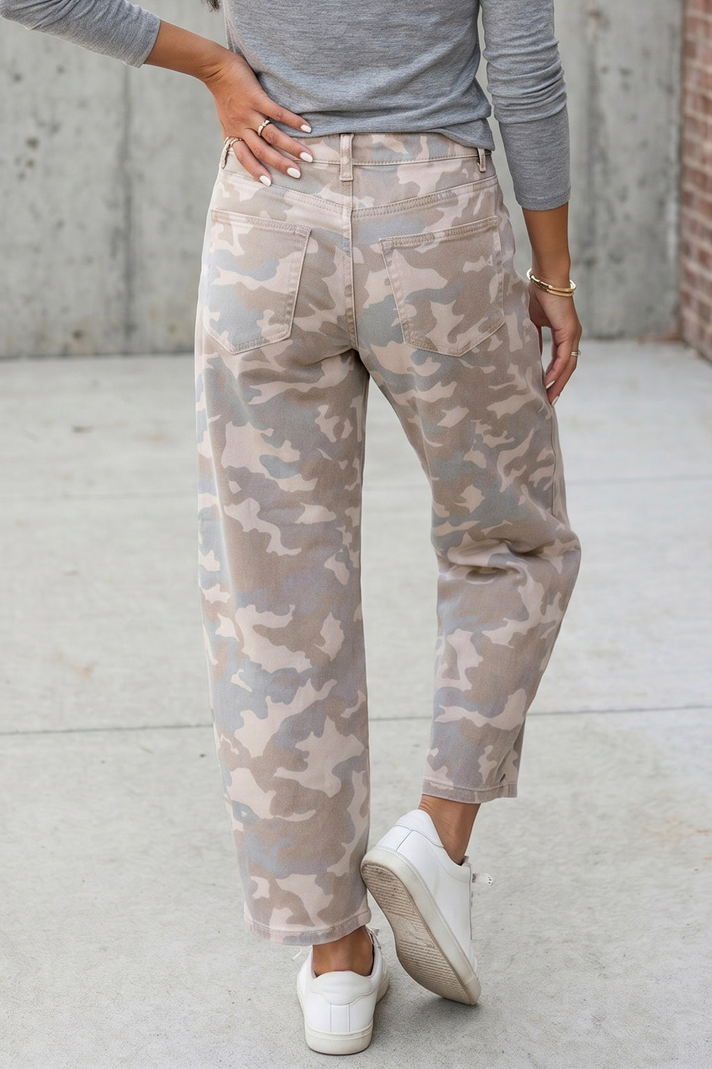Khaki Camouflage Print Pocket Ankle-Length Barrel Jeans