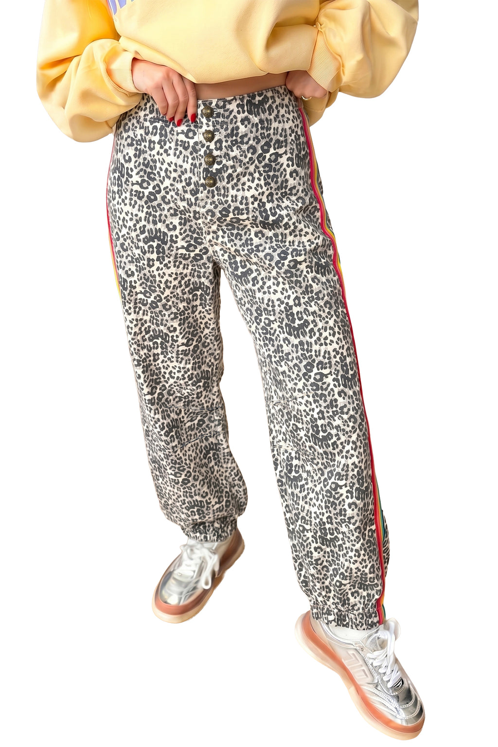 Brown Leopard Print Rainbow Striped Loose Jogger Jeans