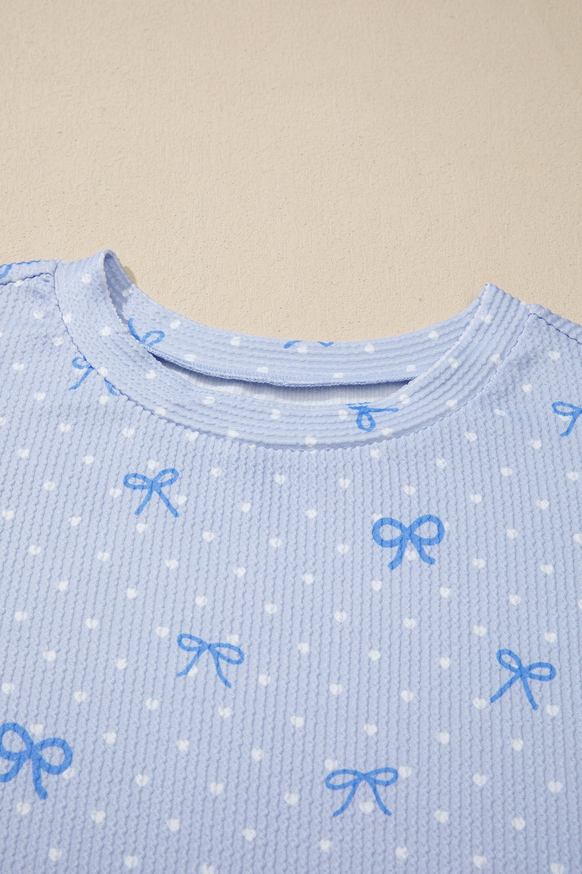 Sky Blue Tiny Heart Bow Print Twisted Rib Loose 2pcs Short Set