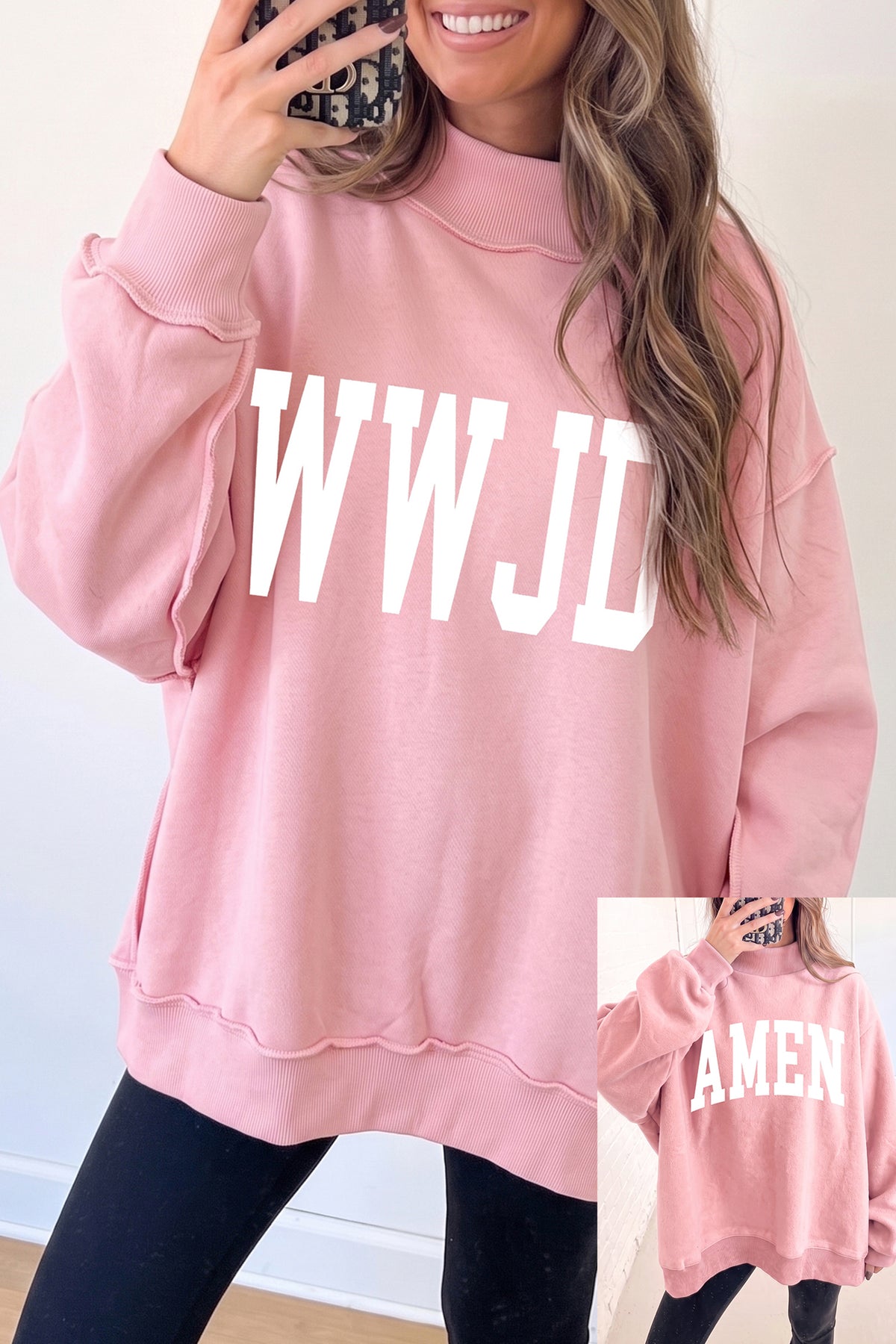 Light Pink WWJD/ AMEN Double Side Printed Reversible Sweatshirt