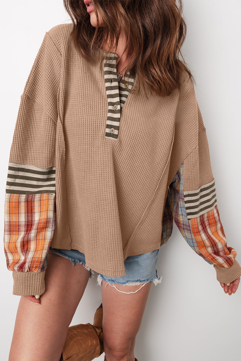 Plaid Patchwork Henley Knit Top