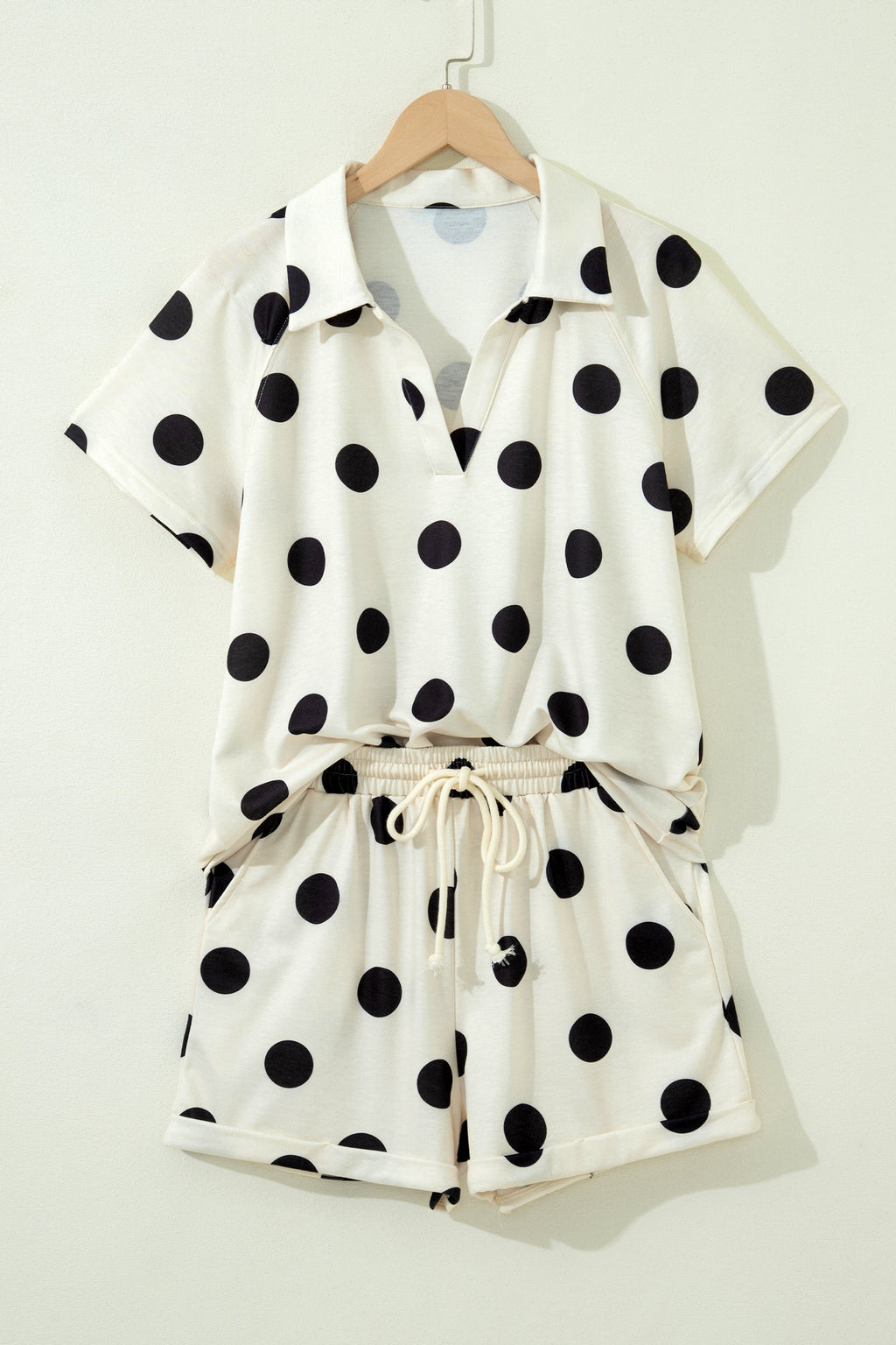 Beige Polka Dot Print V Neck Tee Short Set