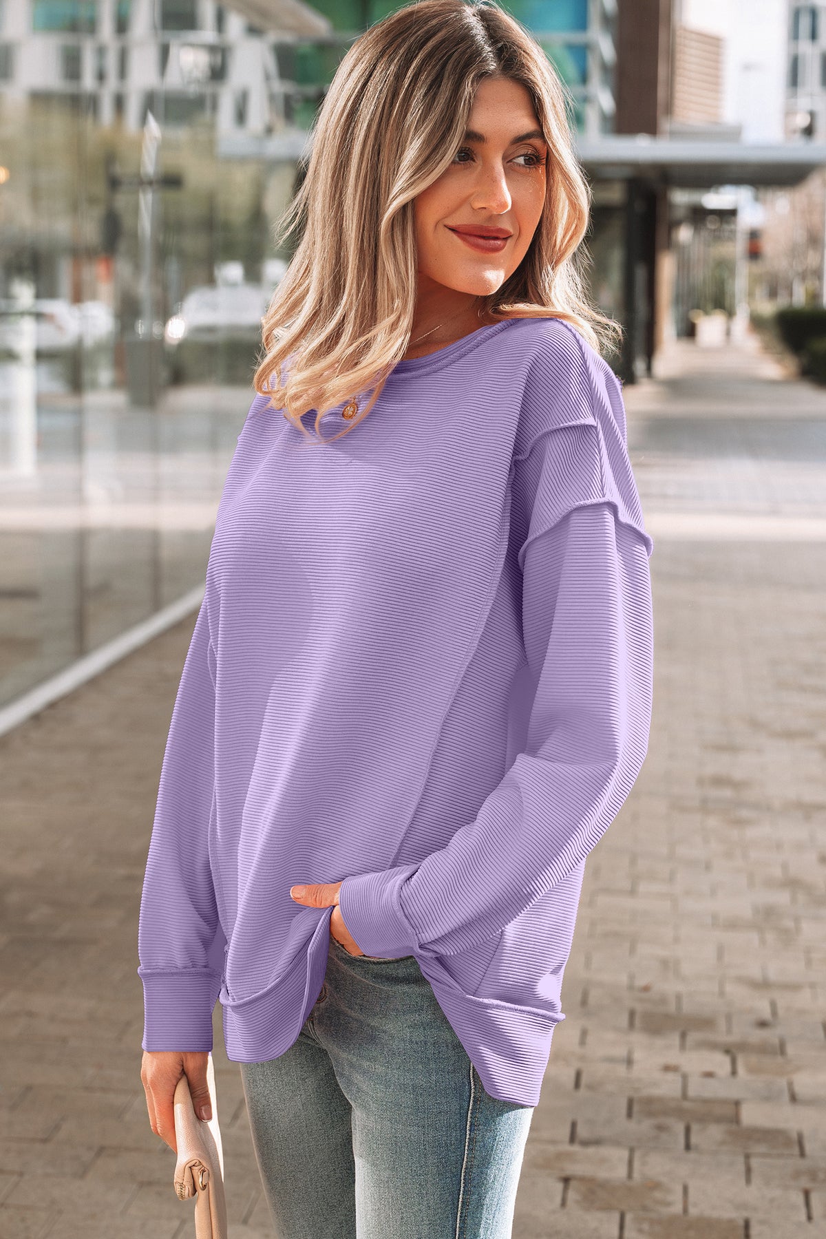 Pink Horizontal Ribbed Exposed Seam Detail Drop Shoulder Baggy Pullover