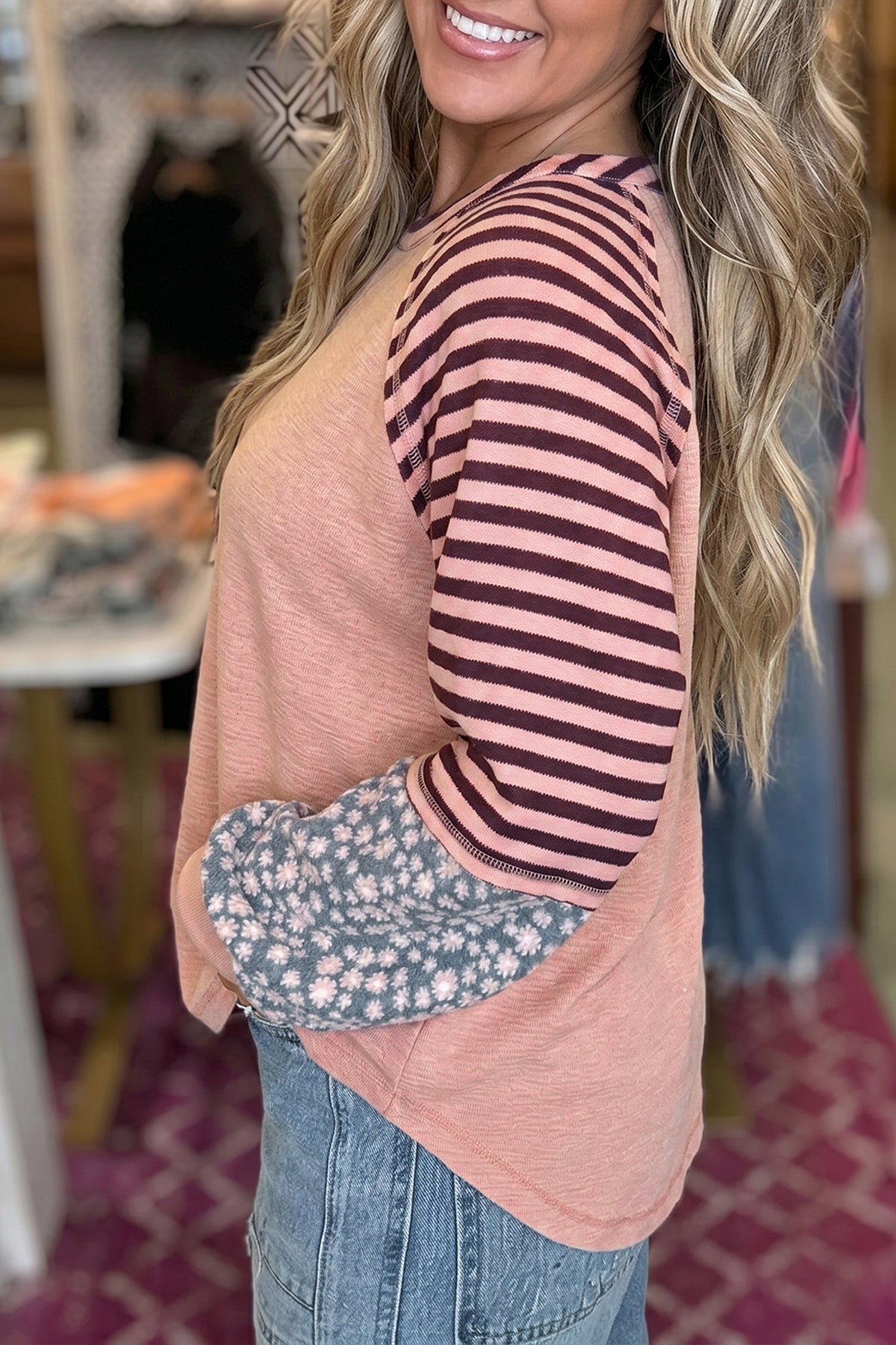 Light Pink Striped Floral Long Sleeve Casual Top