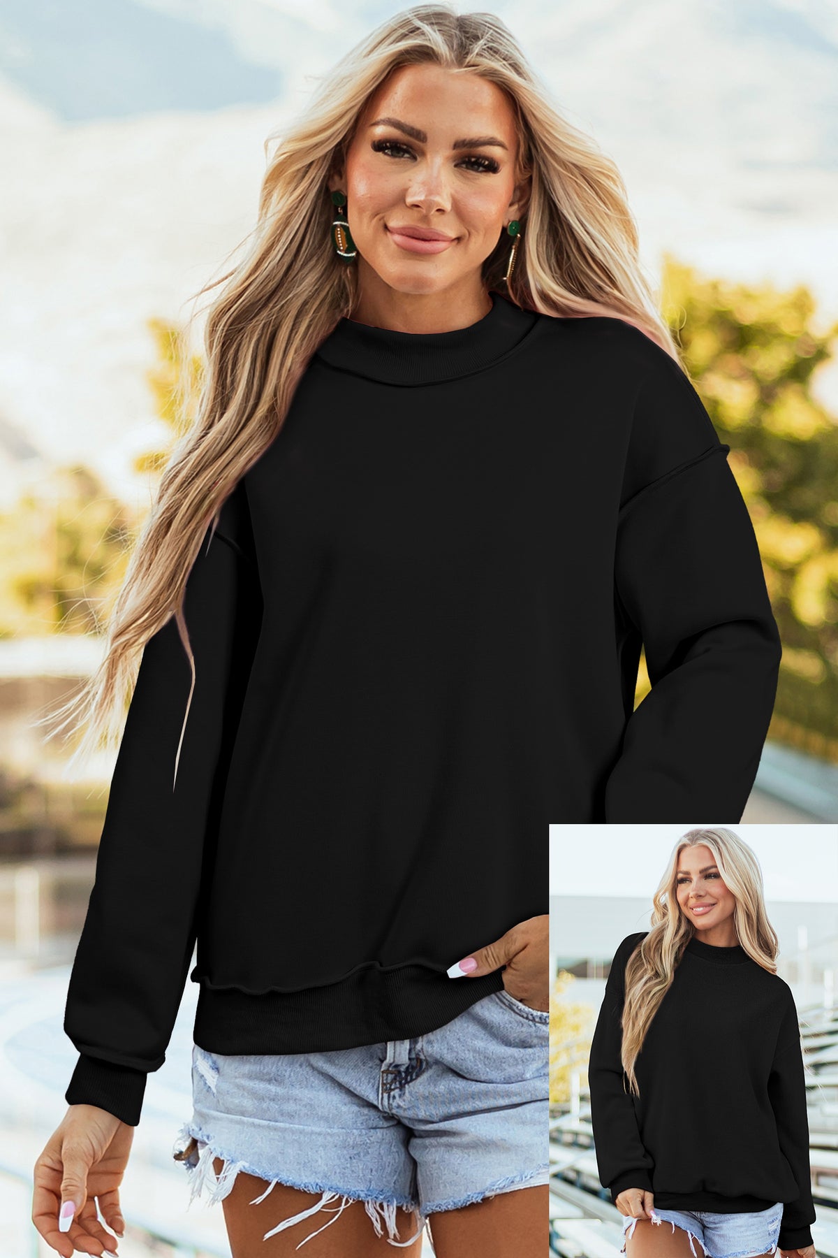 Bright Pink Oversize Drop Shoulder Reversible Mock Neck Sweatshirt