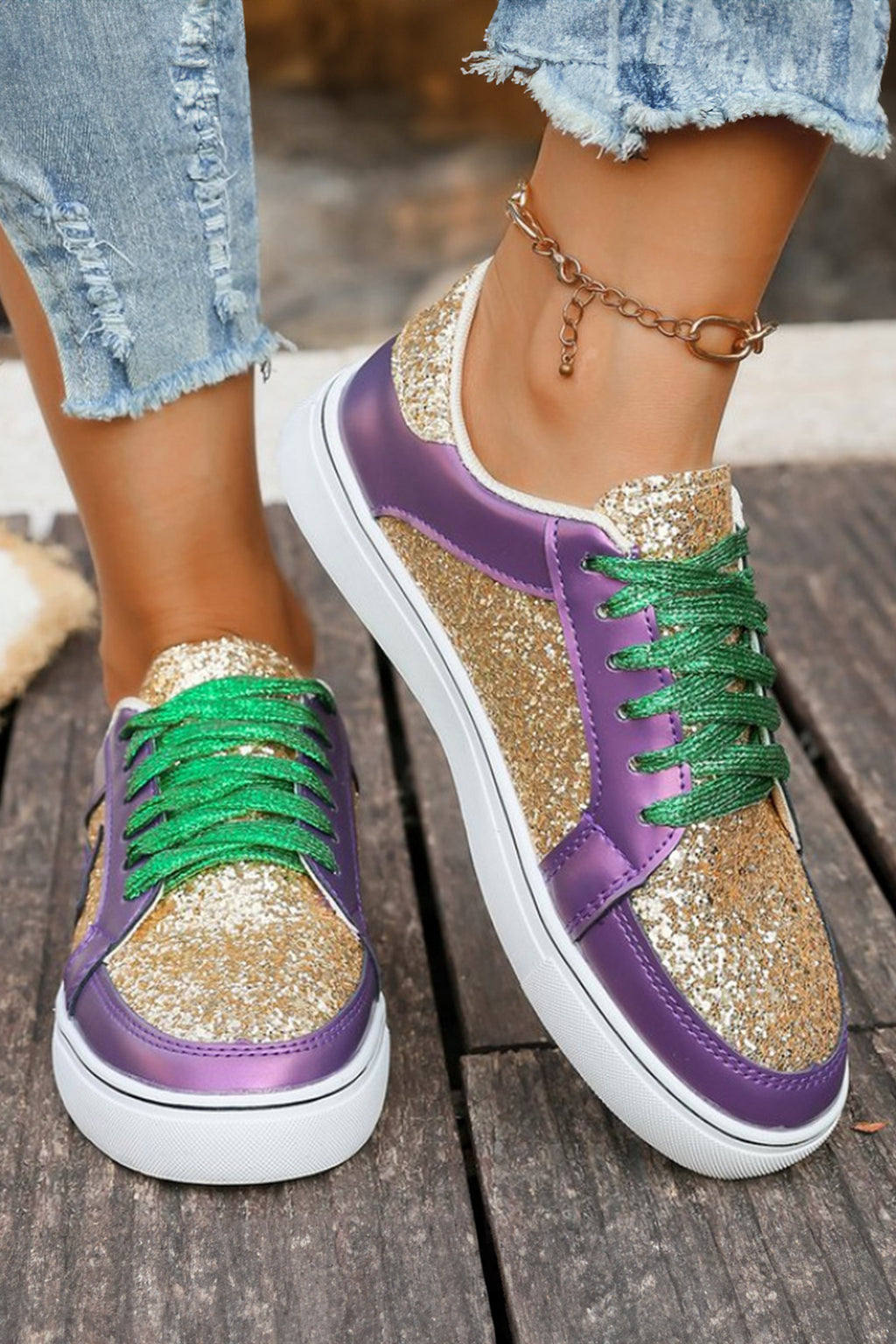 Rose Gold Glitter Star Patchwork PU Leather Lace-up Sneakers