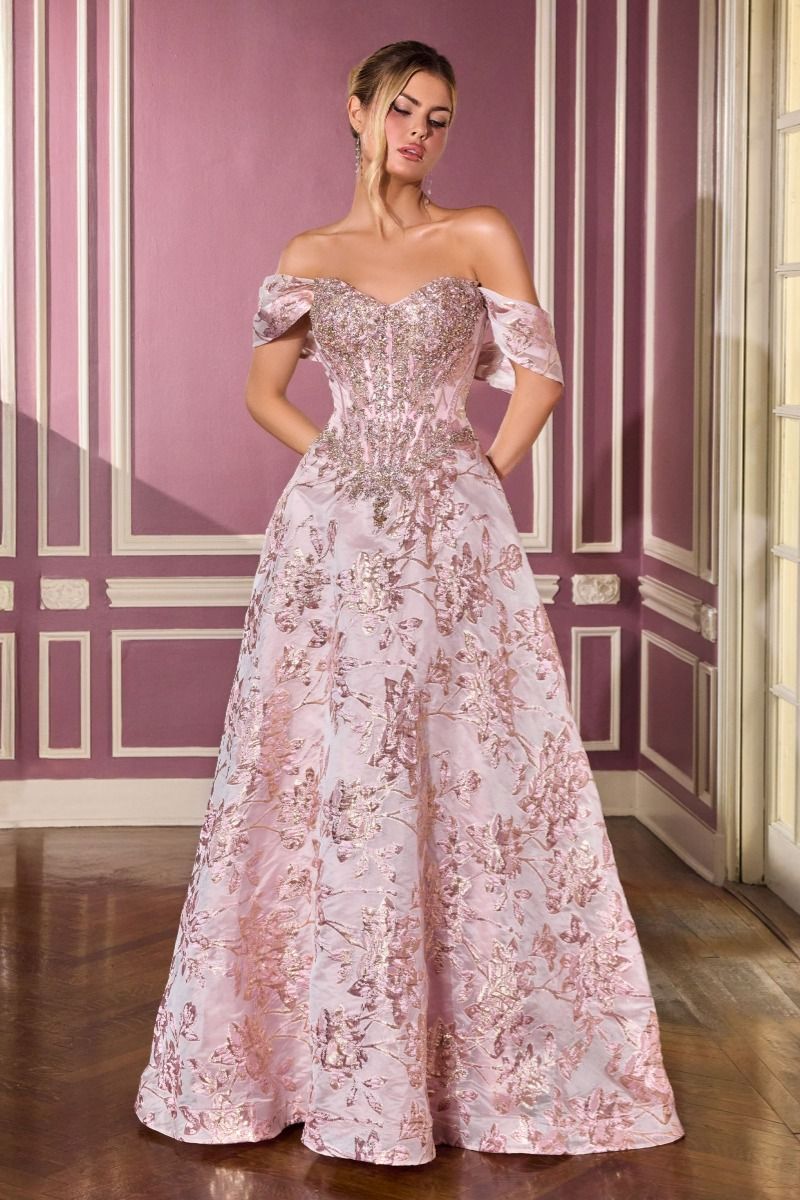 Off The Shoulder Maxi Pageant Gown w/ Corset Bodice & Sweetheart Neckline CDCD682