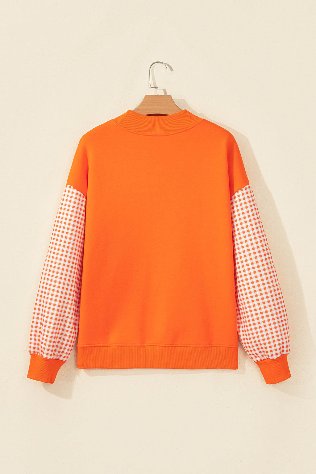 Russet Orange Plaid Sleeve Colorblock Loose Tunic Sweatshirt
