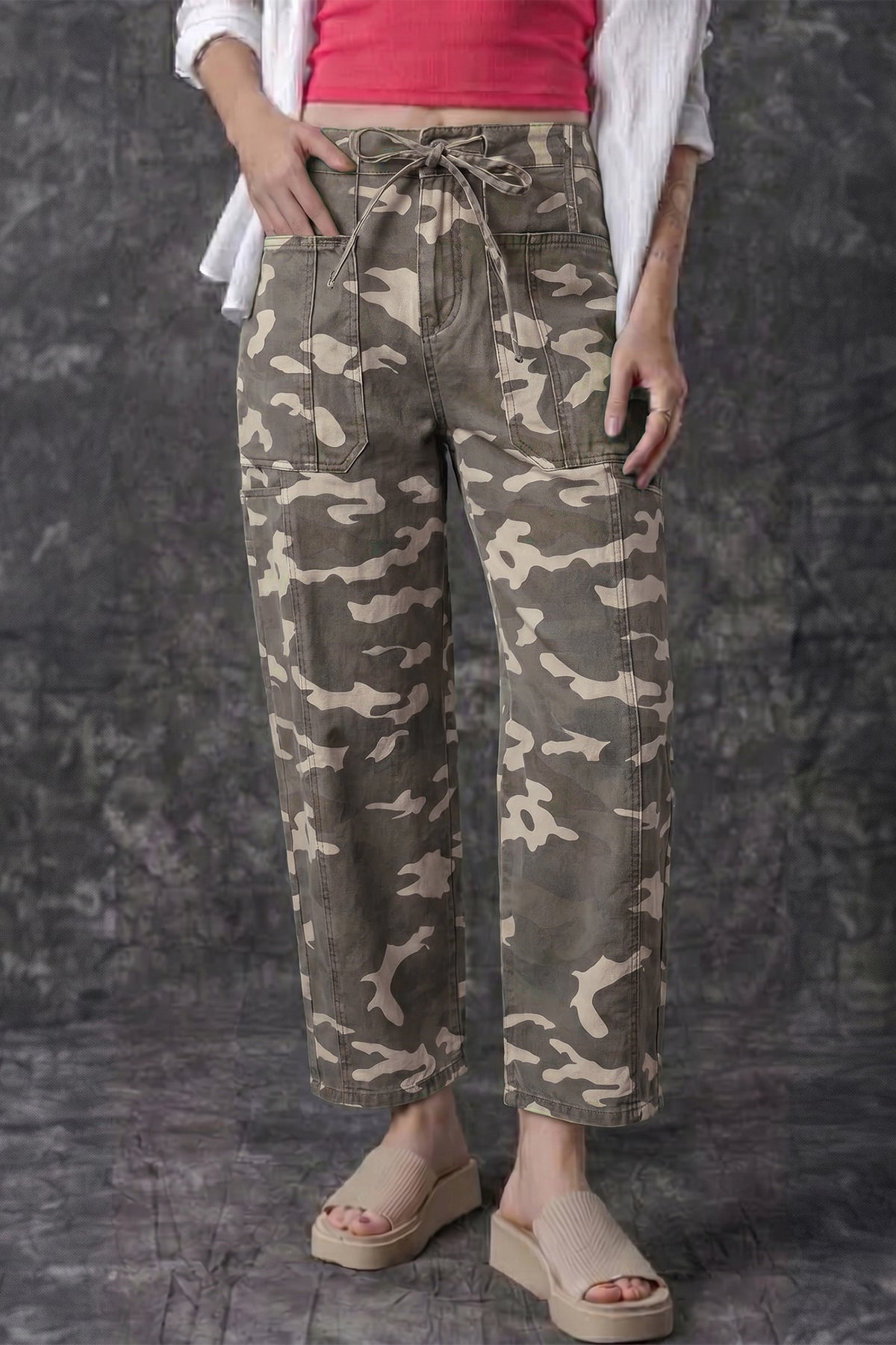 Leopard Printed Drawstring Pocketed Barrel Jeans