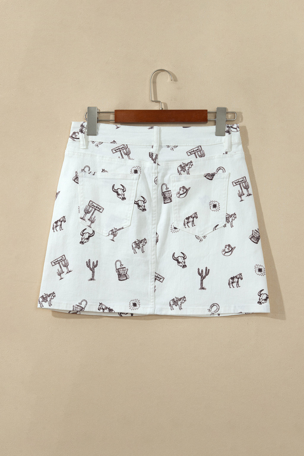 White Western Print Cactus Horse Bull Denim Skirt