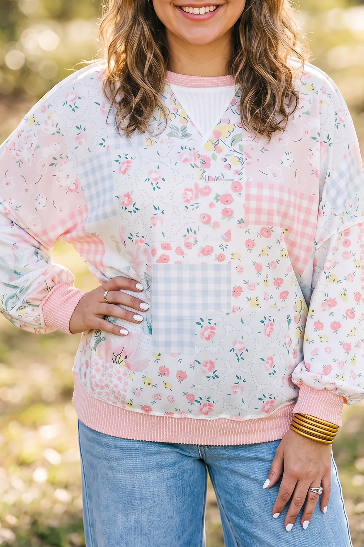 Pink Patchwork Long Sleeve Tunic Plus Size Blouse