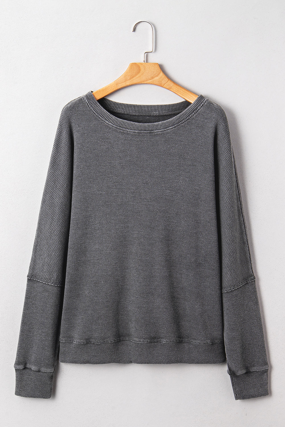 Bright Pink Waffle Knit Patchwork Long Sleeve Loose Top