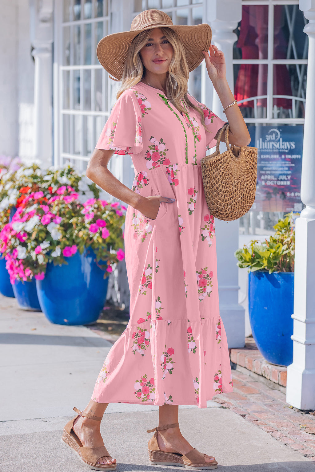 Sky Blue Notched Neck Flutter Short Sleeve Floral Print Maxi Dress