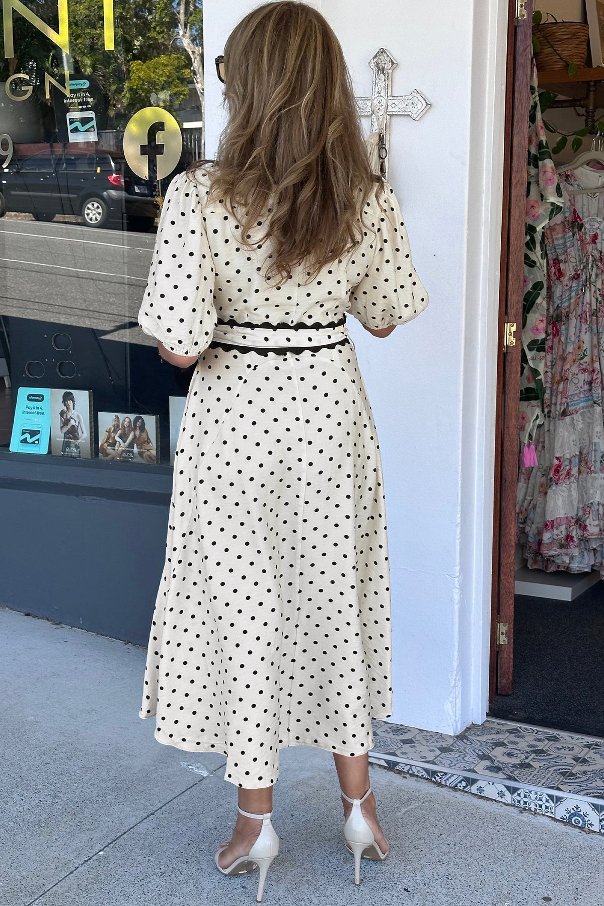 White Polka Dot Printed Contrast Scalloped Trim Dress