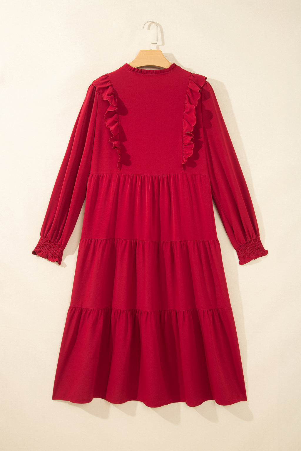 Racing Red Solid Color Ruffle Trim Long Sleeve Tiered Shift Midi Dress