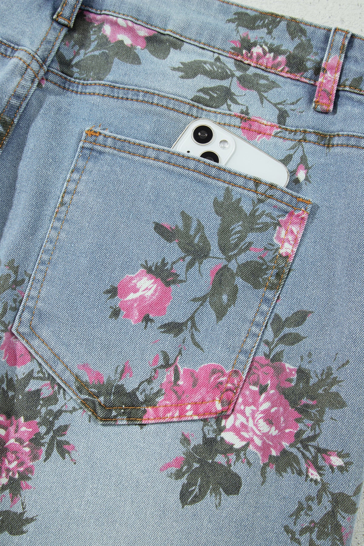 Sky Blue Plus Size Floral Print Loose Jeans