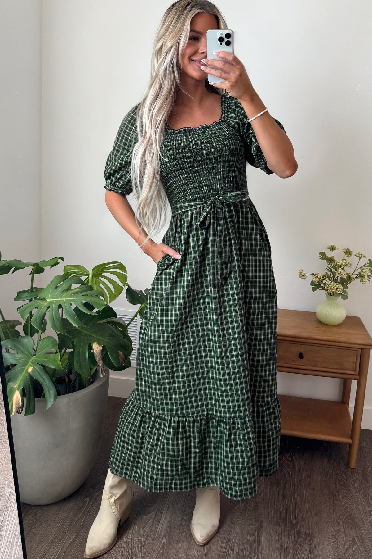 Green Plaid Square Neck Shirred High Waist Ruffle Hem Dress