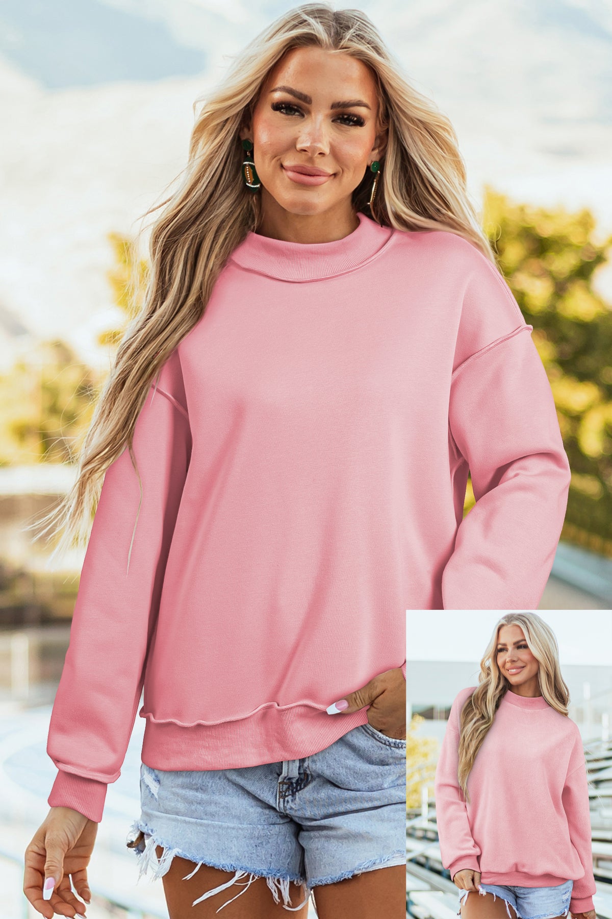 Bright Pink Oversize Drop Shoulder Reversible Mock Neck Sweatshirt