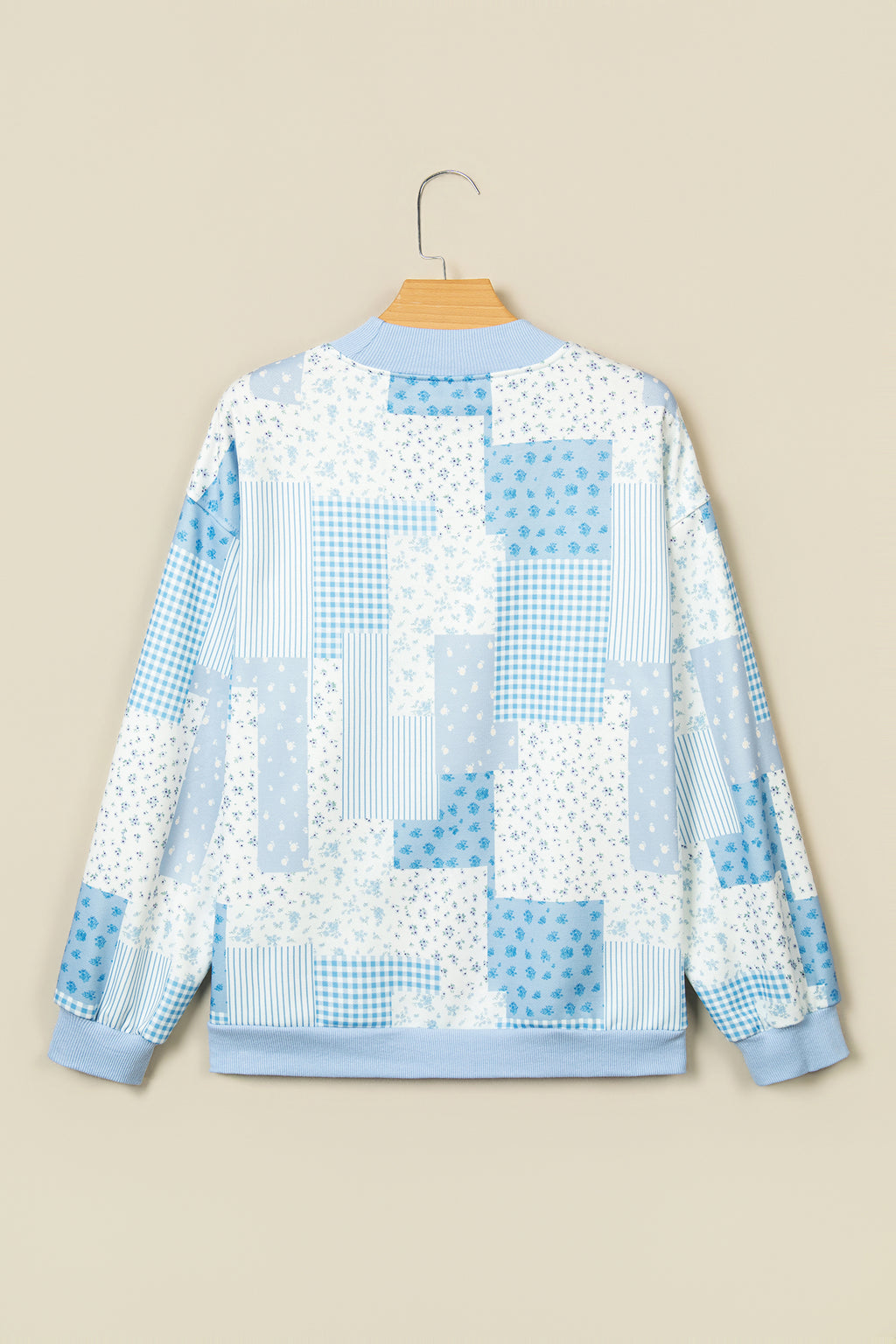 Sky Blue Patchwork Floral Print Mock Neck Long Sleeve Sweatshirt