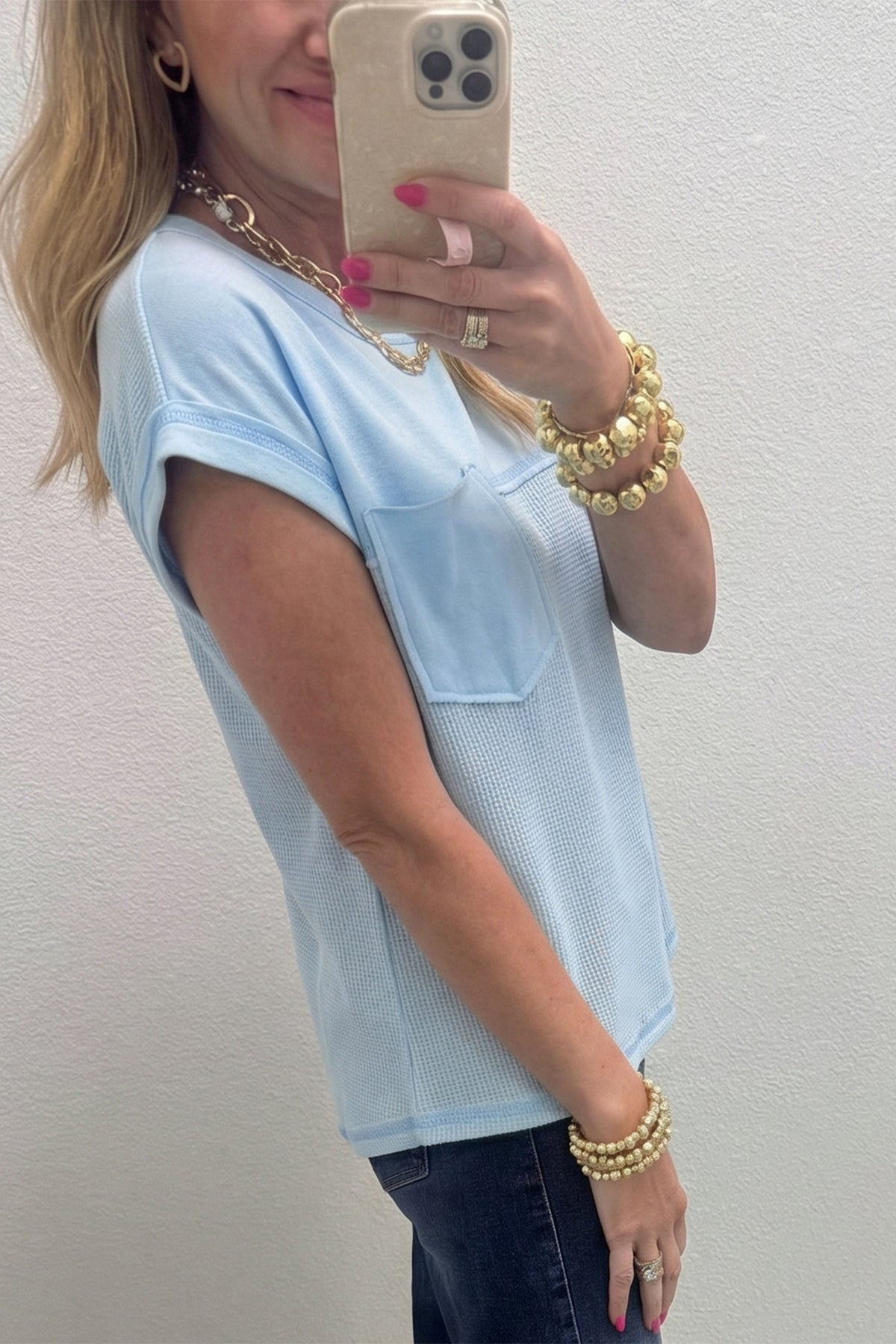 Pink Solid Patchwork Casual T Shirt