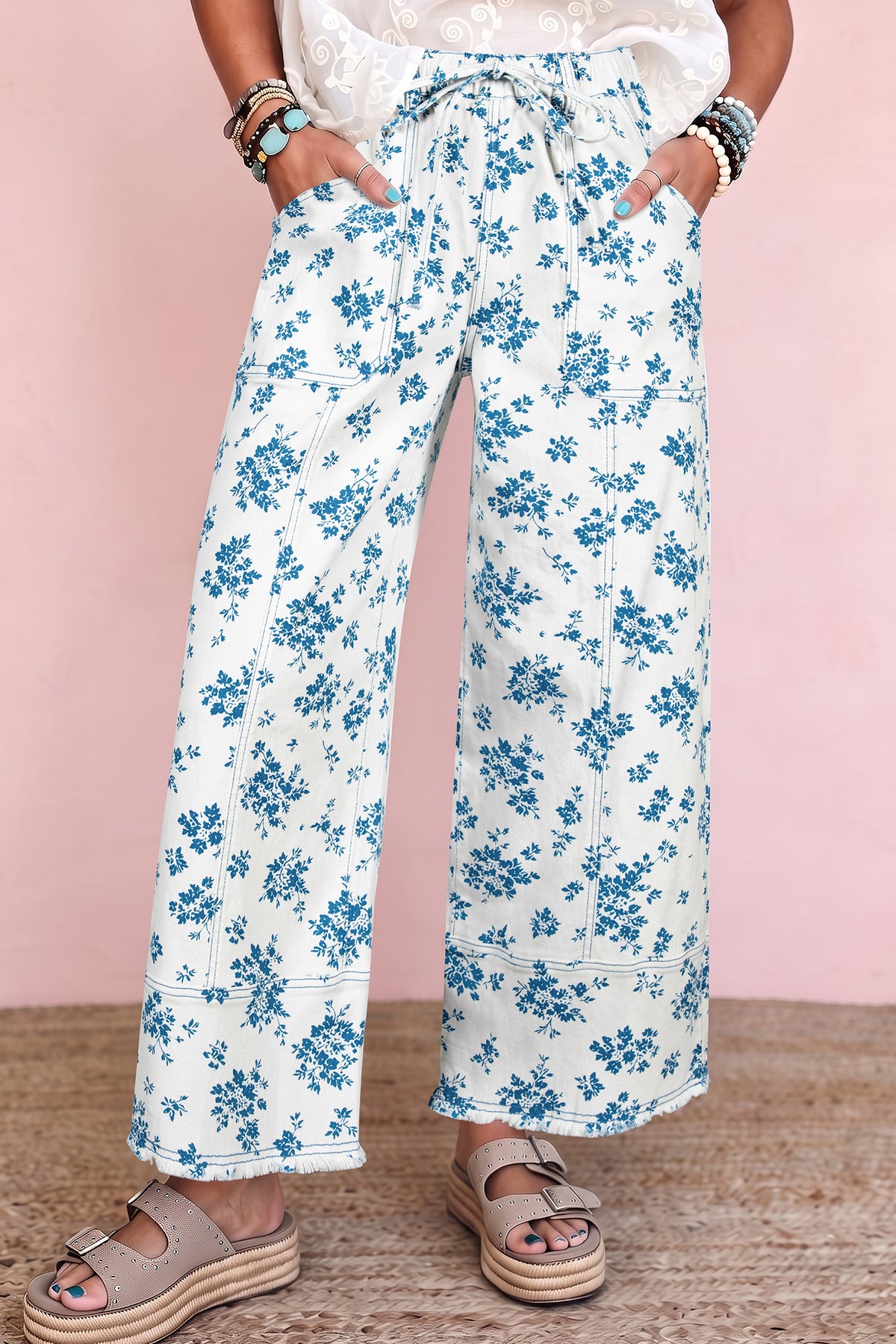 Sky Blue Floral Print Straight Leg Jeans