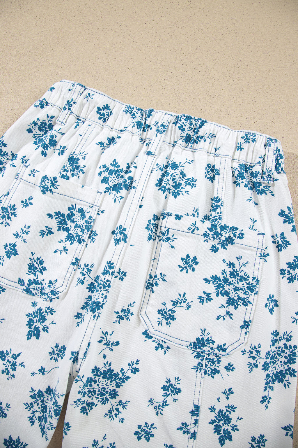 Sky Blue Floral Print Straight Leg Jeans