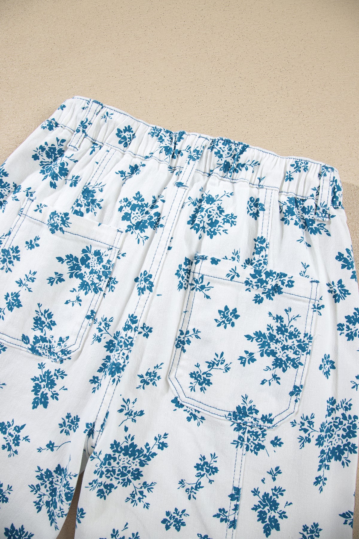 Sky Blue Floral Print Straight Leg Jeans