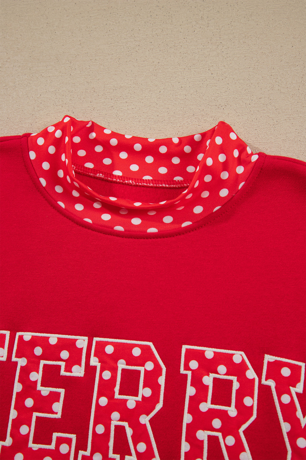 Fiery Red Polka Dot Letter Print Contrast Trim Mock Neck Sweatshirt