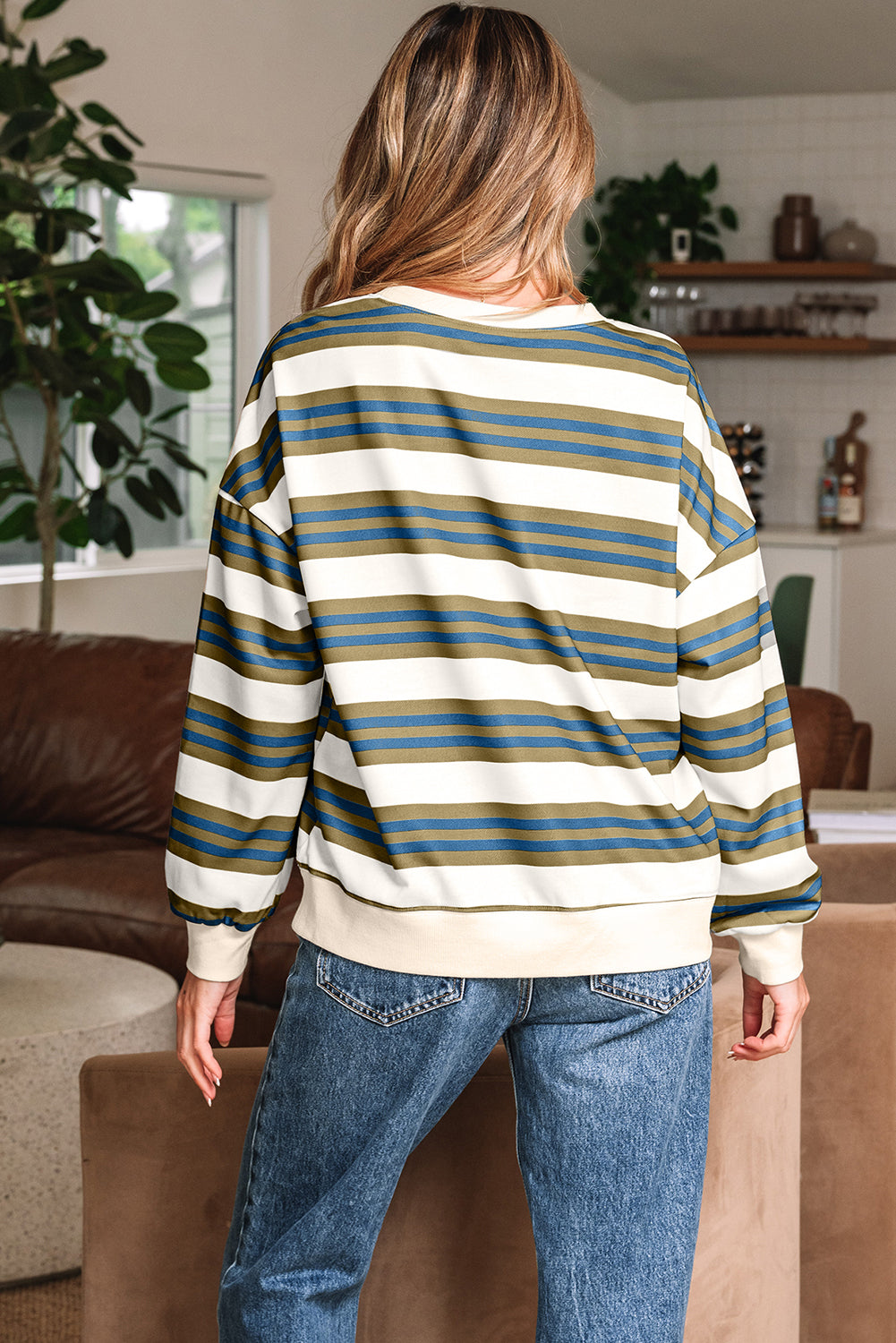 Khaki Stripe Crew Neck Sweatshirt