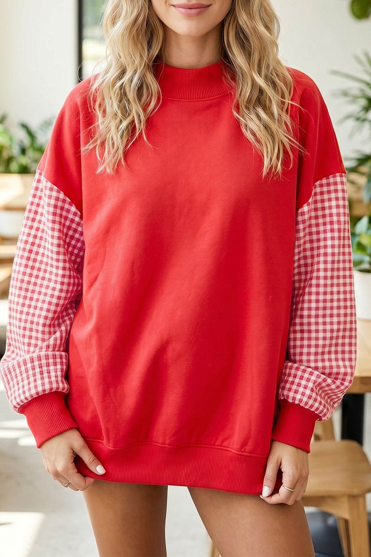 Russet Orange Plaid Sleeve Colorblock Loose Tunic Sweatshirt
