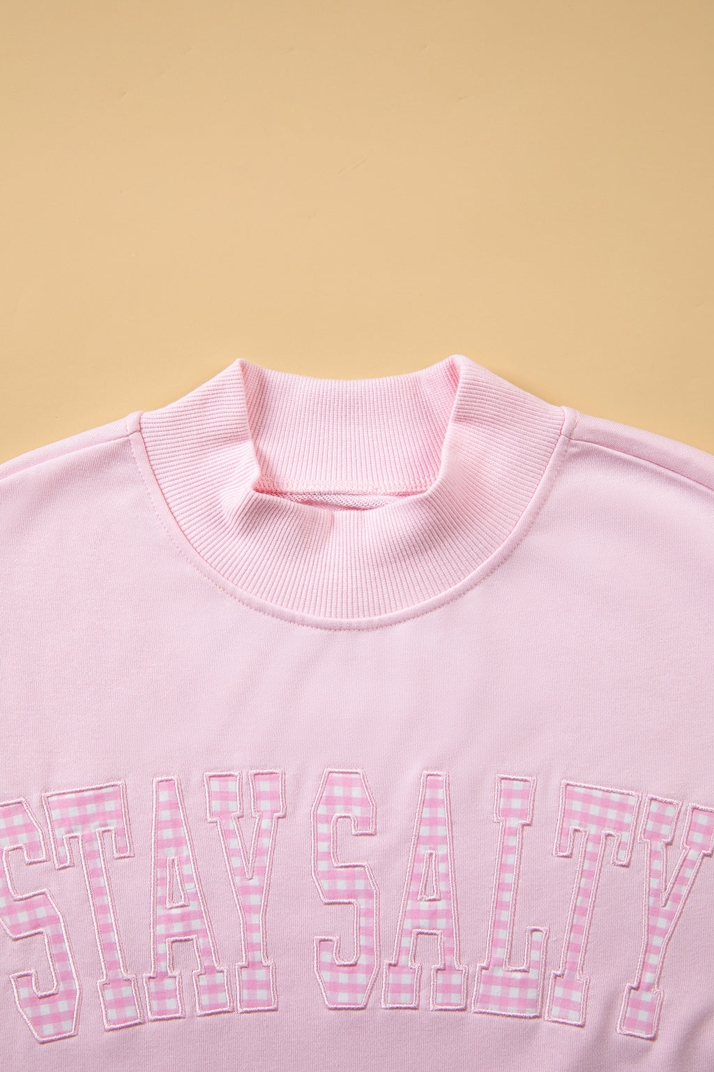 Pink Stay Salty Embroidered Long Sleeve Stand Neck Shift Pullover Sweatshirt