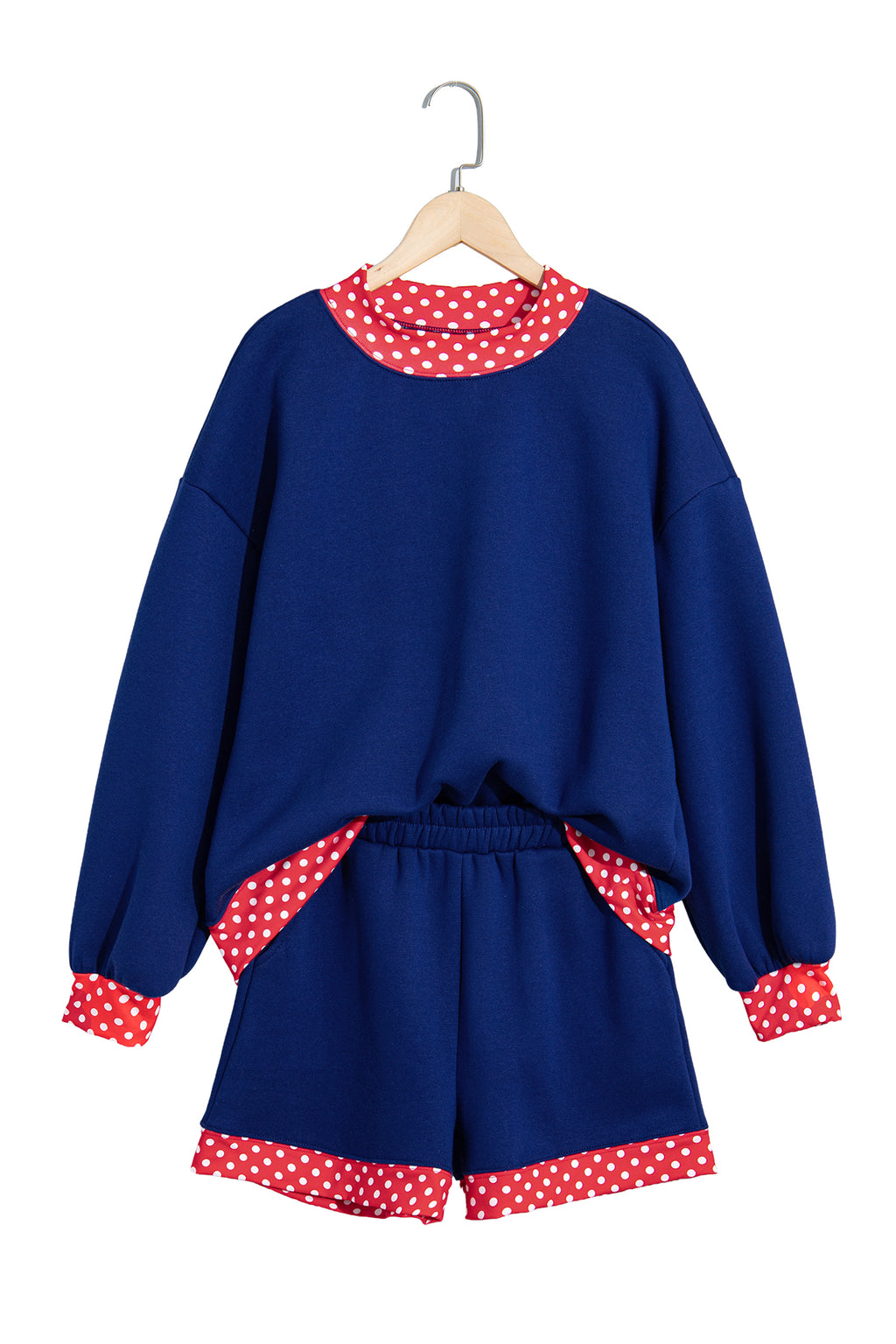 Navy Blue Polka Dot Trim Baggy Pullover 2pcs Short Set