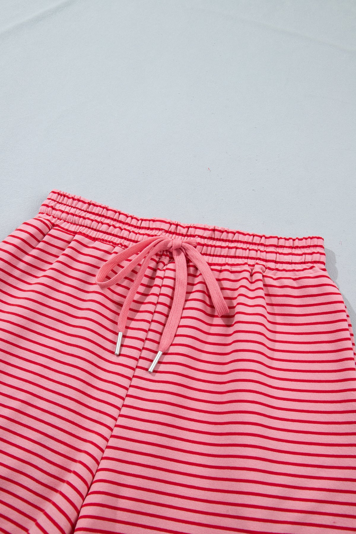 Blue Stripe Ribbed Patchwork Mock Neck Baggy Pullover Matching Shorts Set