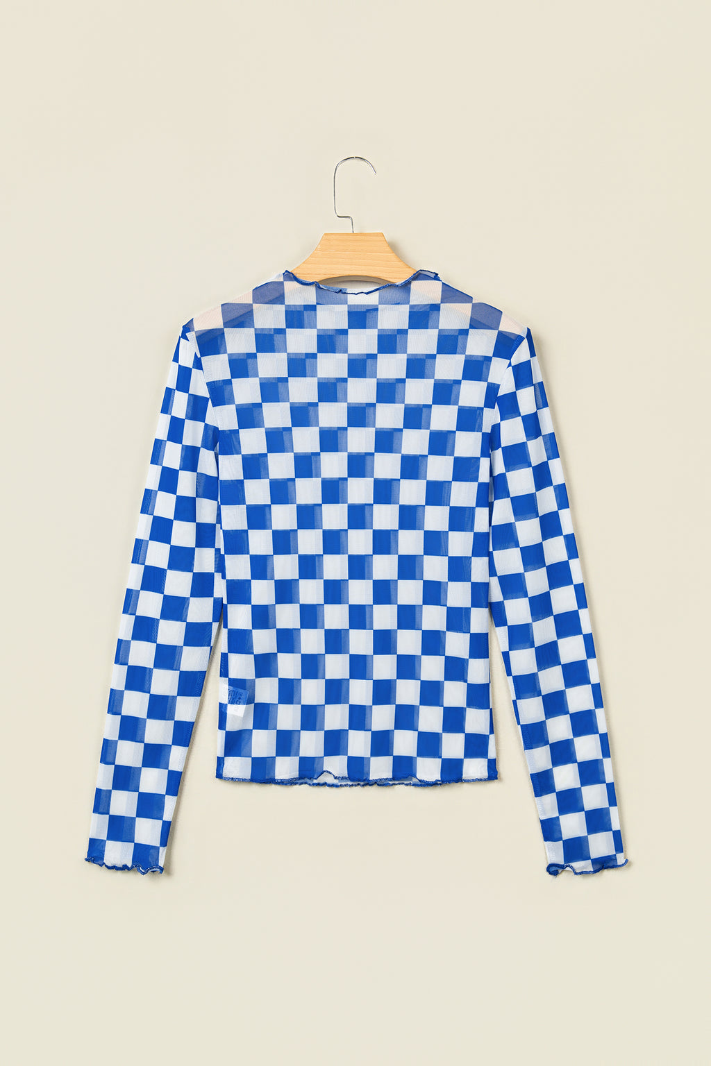 Dark Blue Plaid Mesh Sheer Long Sleeve Top