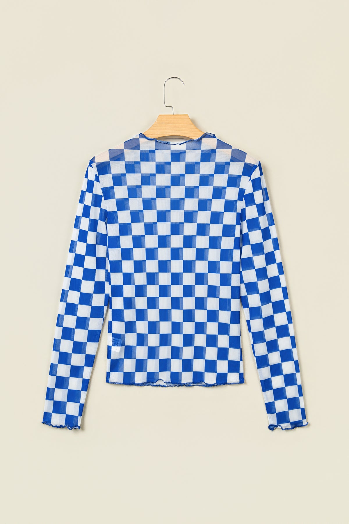 Dark Blue Plaid Mesh Sheer Long Sleeve Top