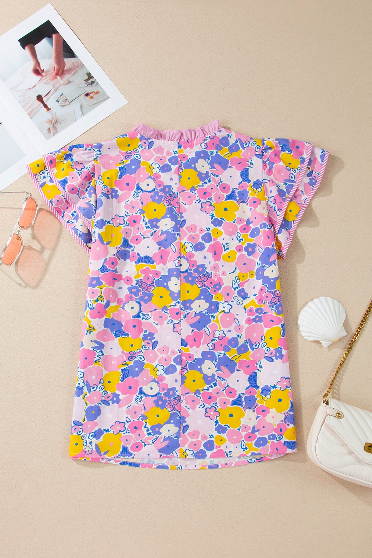 Pink Playful Floral Print Striped Color Block Patchwork V Neck Flutter Sleeve Blouse