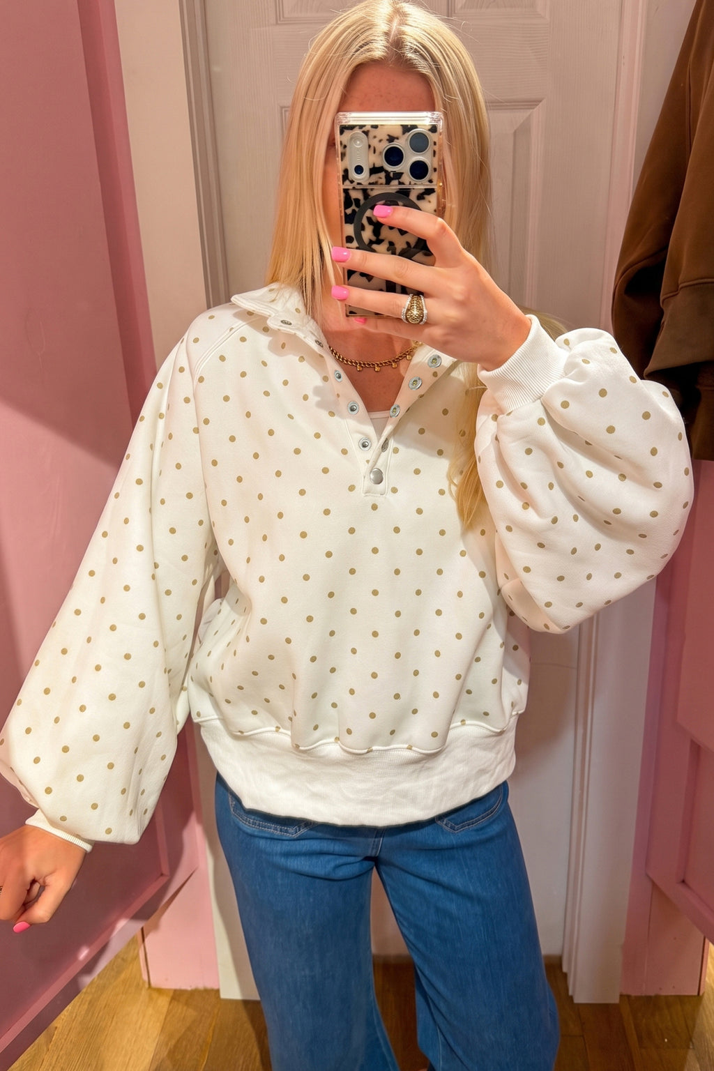 Red Polka Dot Print Metal Button Collar Casual Pullover Sweatshirt