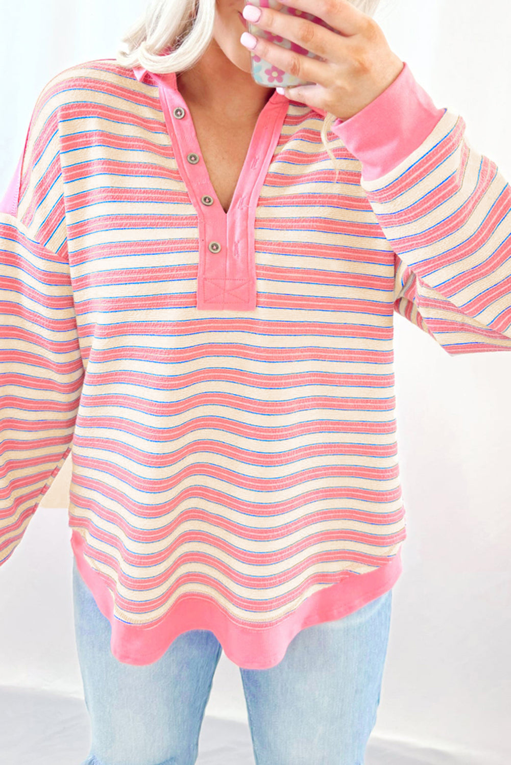 Pink Stripe V Neck Collared Shoulder Top