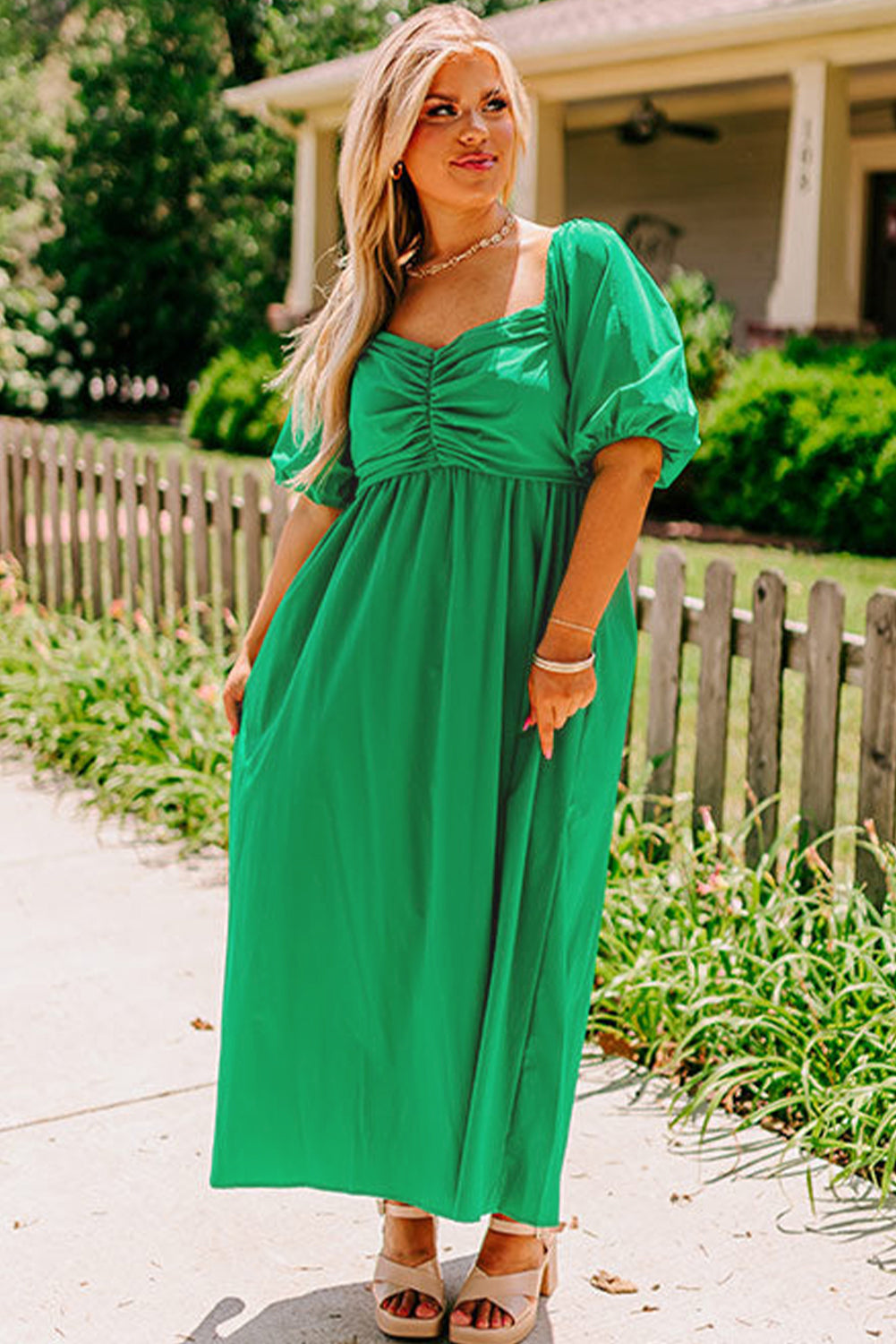 Bright Green Ruched Plus Size Long Dress