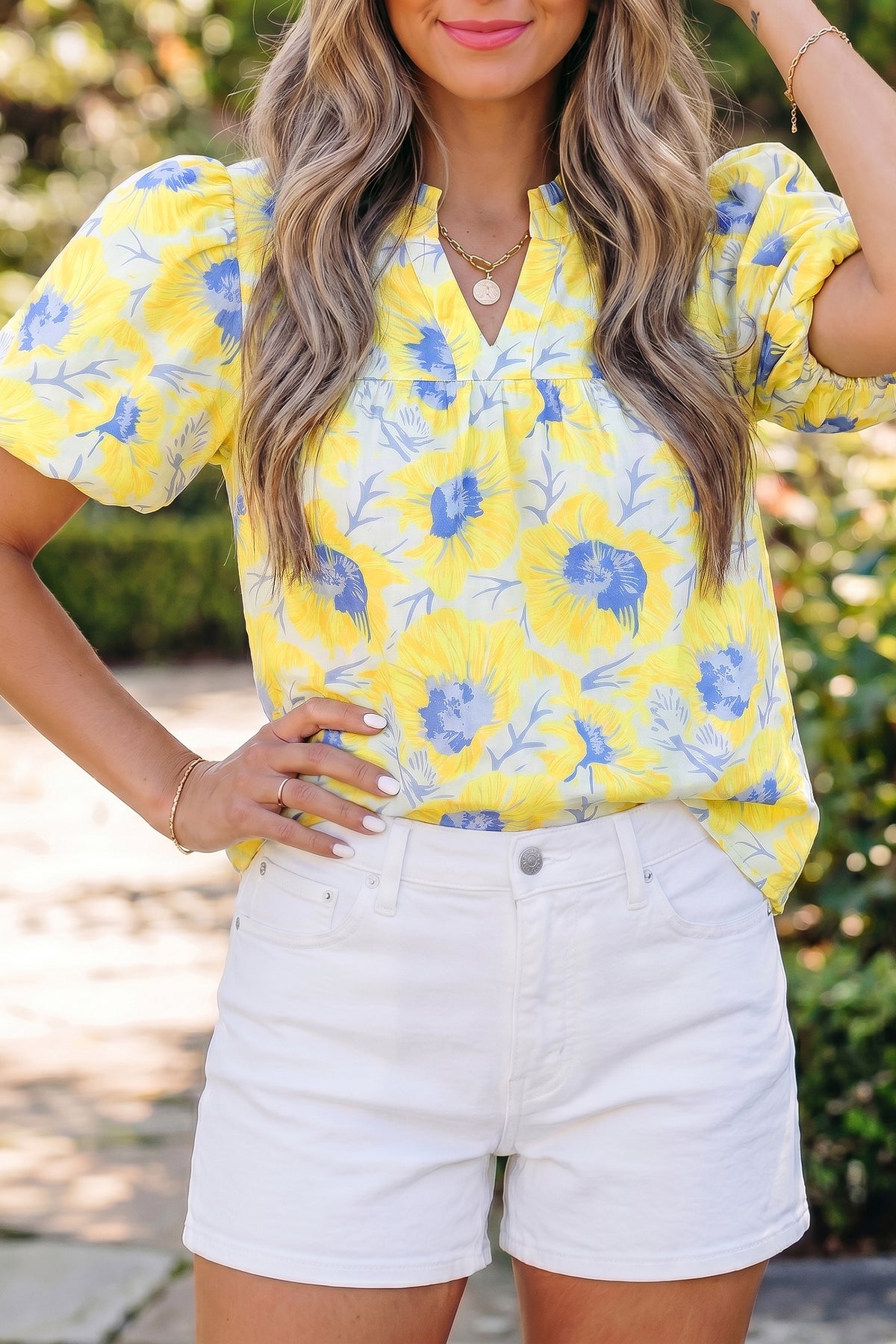 Pink Short Bubble Sleeve Summer Floral Blouse