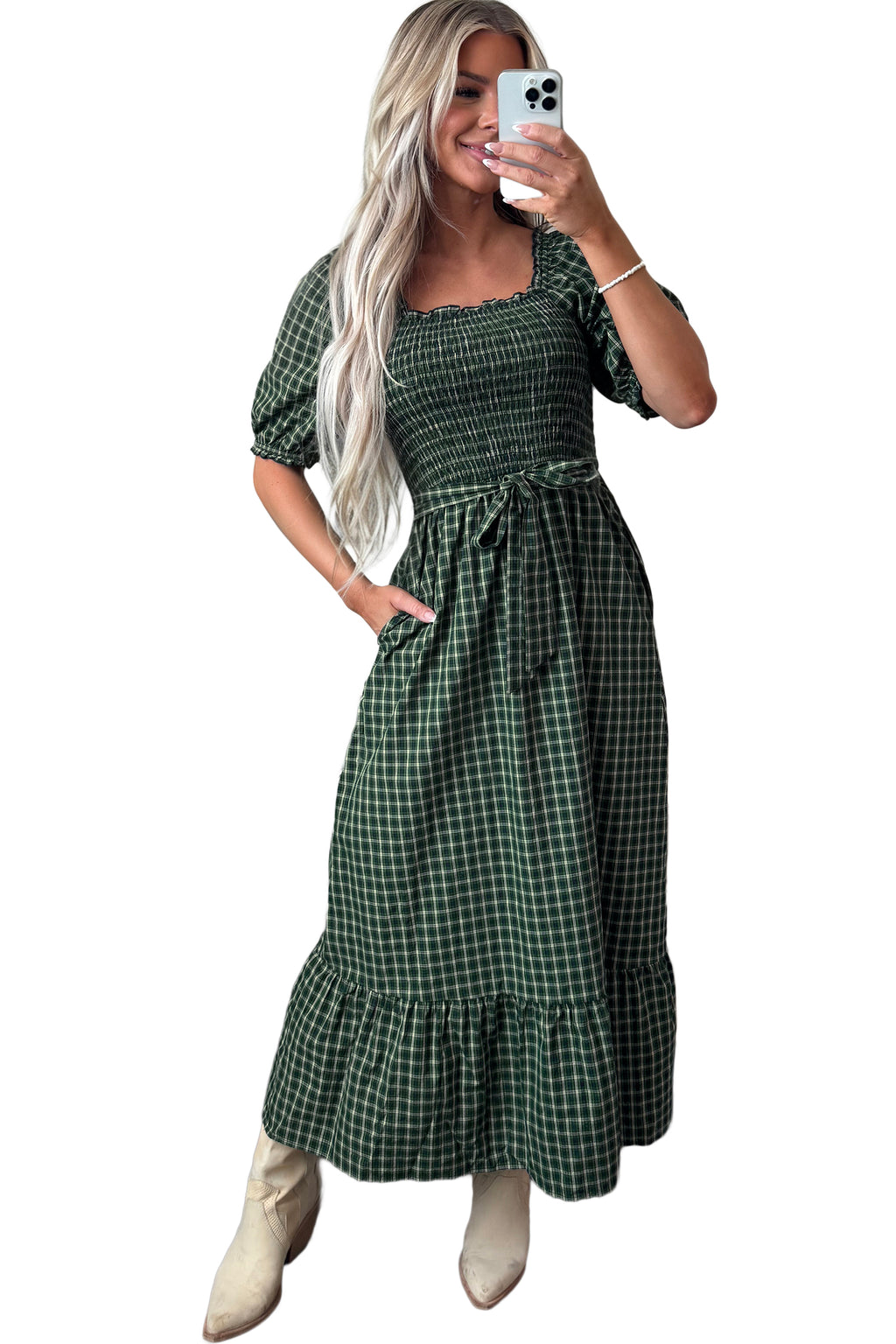 Green Plaid Square Neck Shirred High Waist Ruffle Hem Dress
