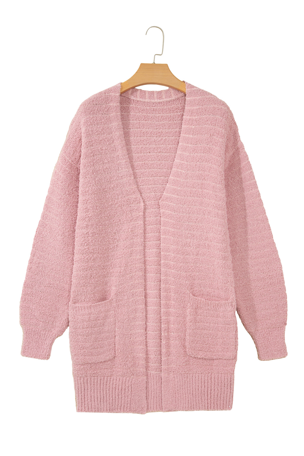 Light Pink Open Front Soft Fuzzy Ribbed Sweater Cardigan