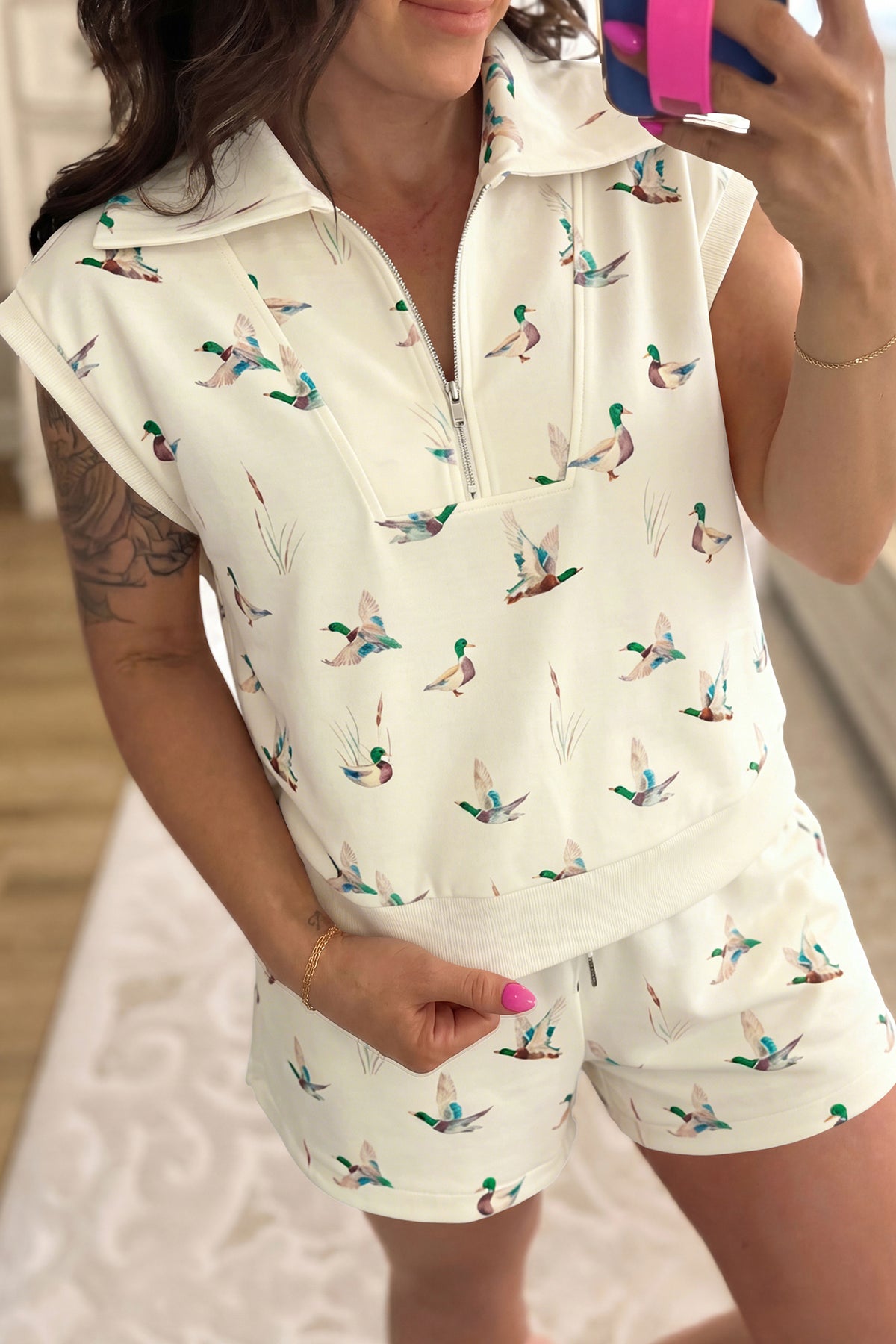 Beige Mallard Printed Short Set