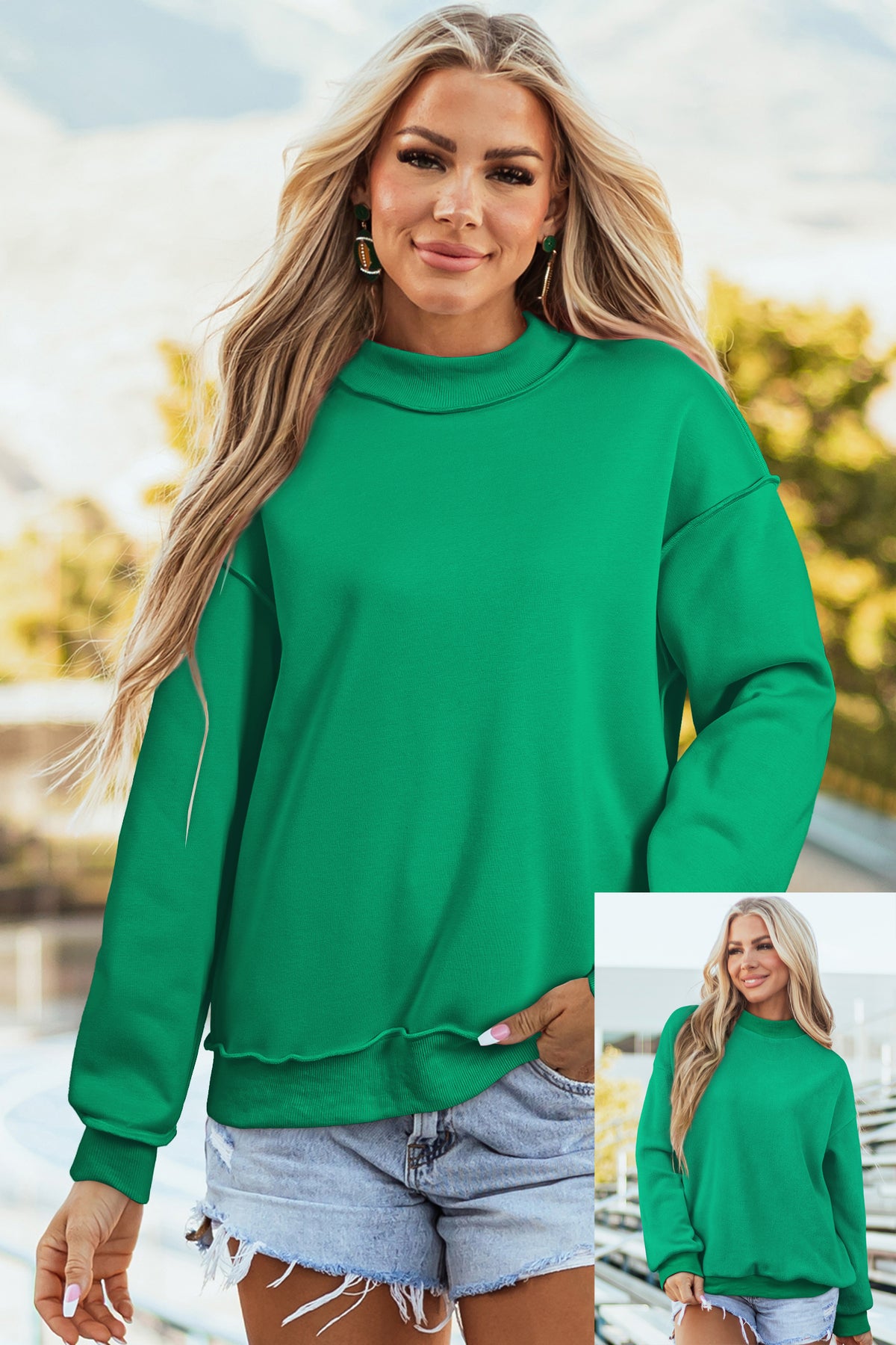 Bright Pink Oversize Drop Shoulder Reversible Mock Neck Sweatshirt