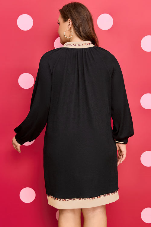 Black Leopard Trim Plus Size Ribbed Dress