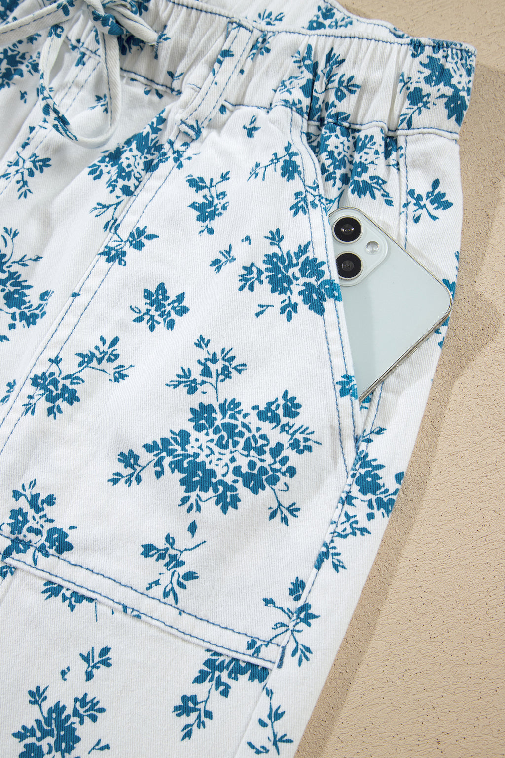 Sky Blue Floral Print Straight Leg Jeans